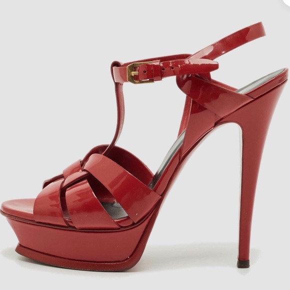 Yves Saint Laurent Red Patent Leather Tribute Platform Sandals S 37.5 - Picture 1 of 4